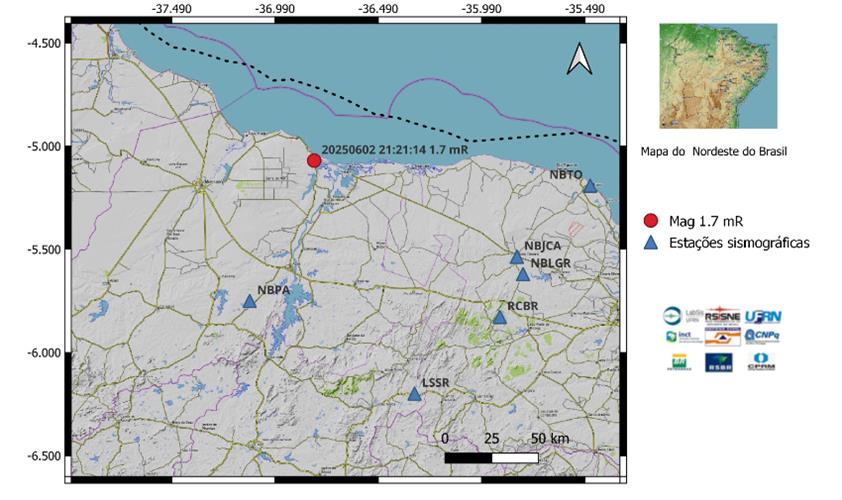 A bola vermelha no mapa representa a localização epicentral e a magnitude preliminar do tremor.