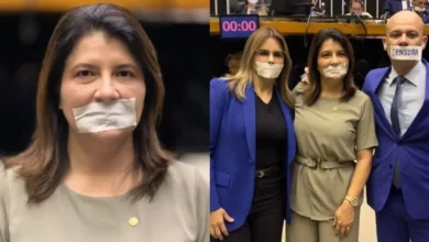 Deputada do RN protesta com esparadrapo na boca durante ocupação contra prisão de Bolsonaro no Congresso